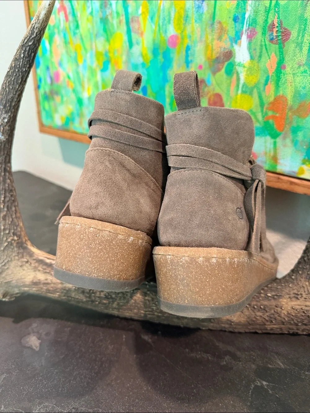 Born Suede Ankle Booties in Taupe with Side Tie